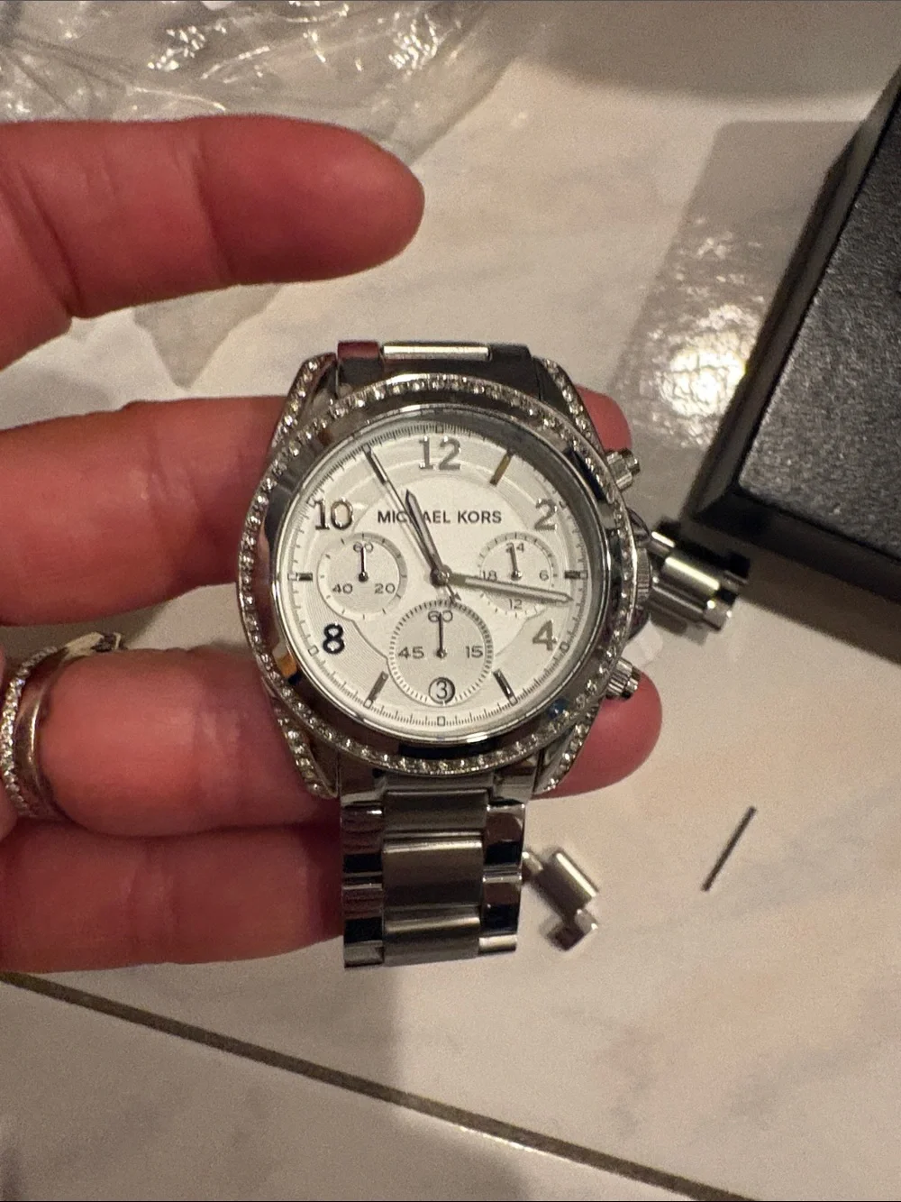 Michael Kors Silver and White Crystal Accent Chronograph Watch